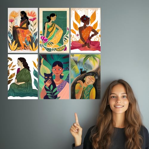 Image of SiddArtify - Indian Women Art Prints - Eclectic Bohemian Illustrations Wall Decor - 300GSM - 12x18 Inch - Pack of 6 Wall Decoration art Poster Prints