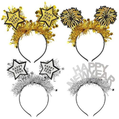 YCICHE 4 Stück Happy New Year Haarreifen 2026 Silvester Haarreif Neujahr Party Stirnband Glitzer Stern Glücksbringer Silber Gold Haarband für Neujahr Foto Requisiten Silvester Party Accessoires