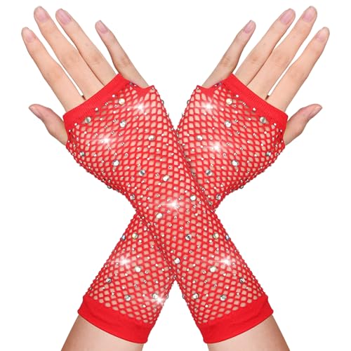 DIVINA VITAE Damen Netzhandschuhe mit Strasssteine Rot Glitzernde Netz Handschuhe Lange Fingerlose Handschuhe Armstulpen 80er Jahre Retro Disco Party Halloween Maskerade Kostüm Zubehör
