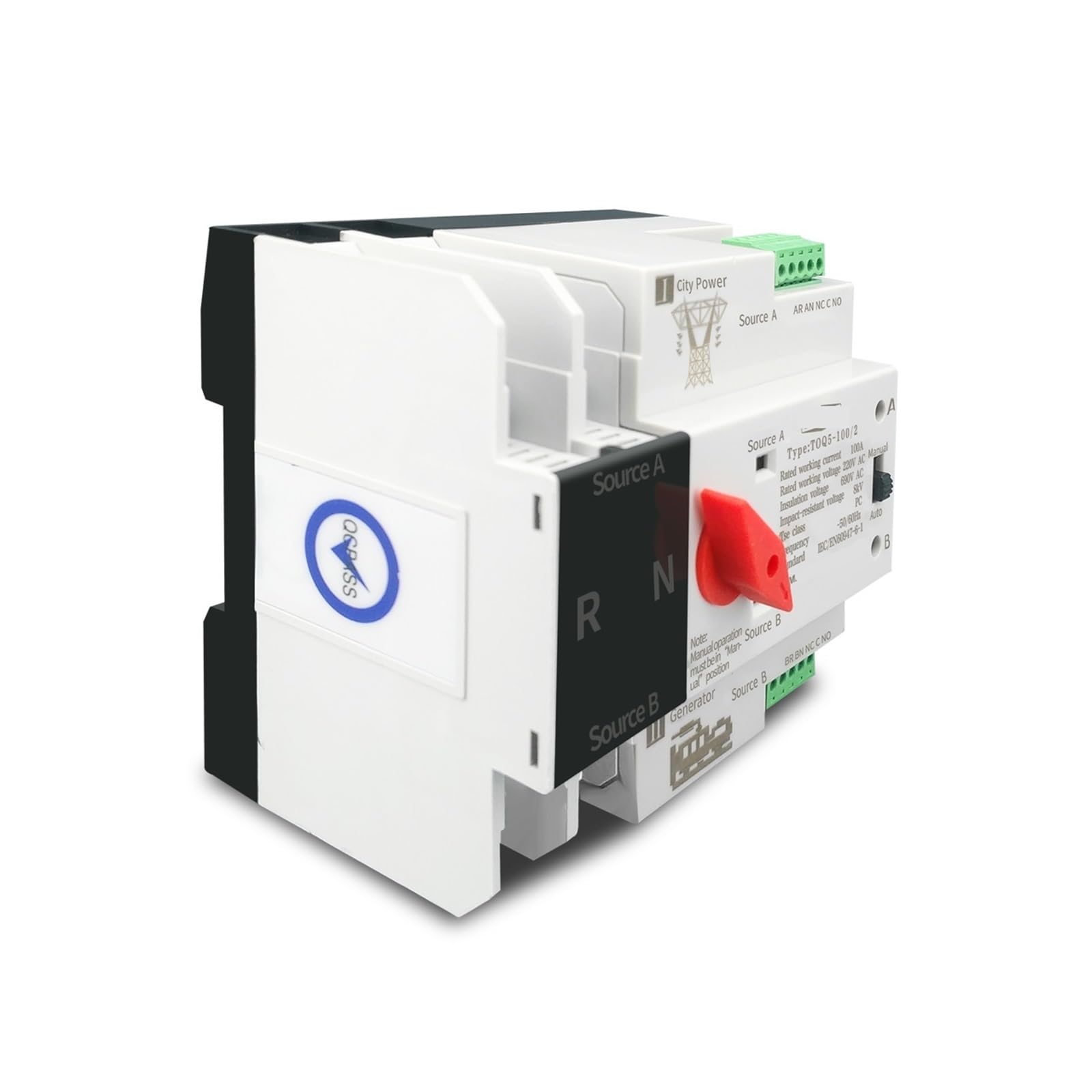 Controlador del conmutador de transferencia automá Interruptores selectores eléctricos de transferencia automática de doble potencia monofásicos de carril Din ininterrumpido 2P 63A 100A 125A(220V,100A