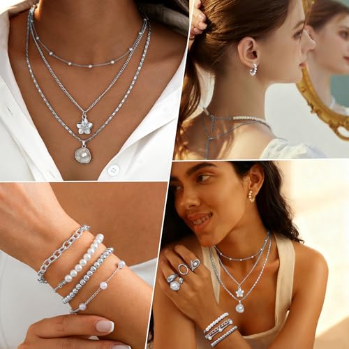 Image of CHICUTIE Gold Jewelry Set For Women,14k Gold Plated Multi Layer Necklaces Bracelets Hoop Earrings Set Stackable Knuckle Rings, Trendy Elegance Charms Non Tarnish Minimalist Textured Boho Jewelry Gift