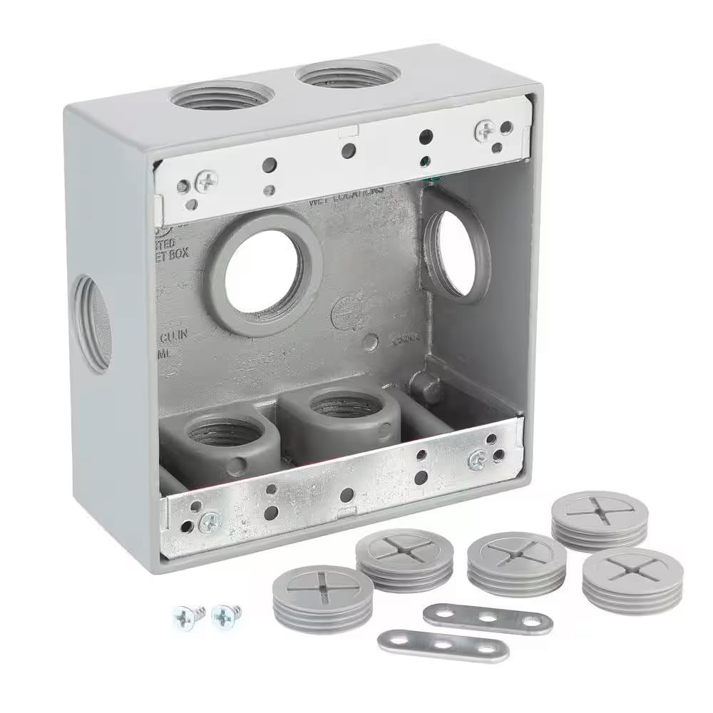 Commercial Electric 2-Gang Deep Metallic Weatherproof Box with (5) 1 in. Holes, Gray WDB5100G