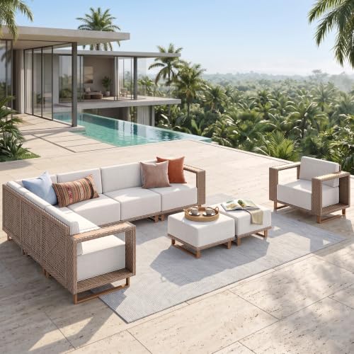 Image of HERA'S HOUSE Patio Sectional Furniture Set with 10 inch Thick Cushions, Outdoor Modular Couch Sofa Set, 9 Seats Yellow Rattan Conversation Sets for Deck Yard Lawn