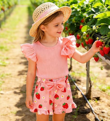 Image of Barlver Girls 2 Piece Short Set Baby Girl Summer Clothes Ruffle Sleeve T-Shirt and Bow Knot Shorts Toddler Girl Outfit Set