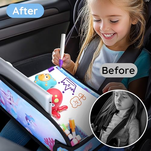 Image of Kids Travel Tray for Car Seat, Road Trip Essentials for Toddler, Carseat Lap Tray with Dry Erase Board & Storage Organizer for Activities, Bluish Violet