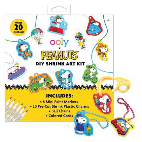 Ooly x Peanuts Snoopy 34 PC DIY Shrinking Art Kit for Kids with Markers, 20 Plastic Pre Cut Charms and More, No Mess Creative Activity Jewelry Making Kit
