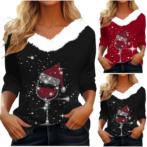 Weihnachtspullover Damen 3/4 Ärmel Weihnachtspulli V Ausschnitt mit...