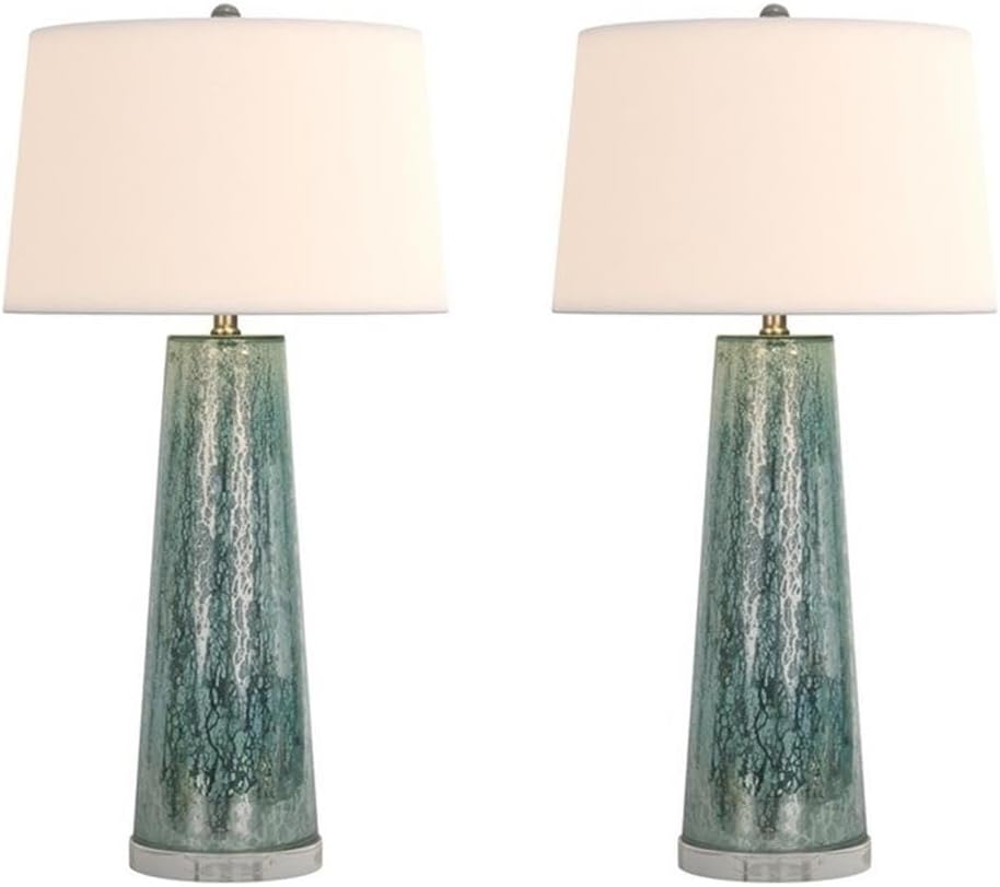 Pemberly Row 31" Emerald Glass Table Lamps, White Drum Shades, Set of 2, Modern Artful Design with Acrylic Base, Adjustable 3-Way Switch, Ambient Lighting for Living Room or Bedroom Decor