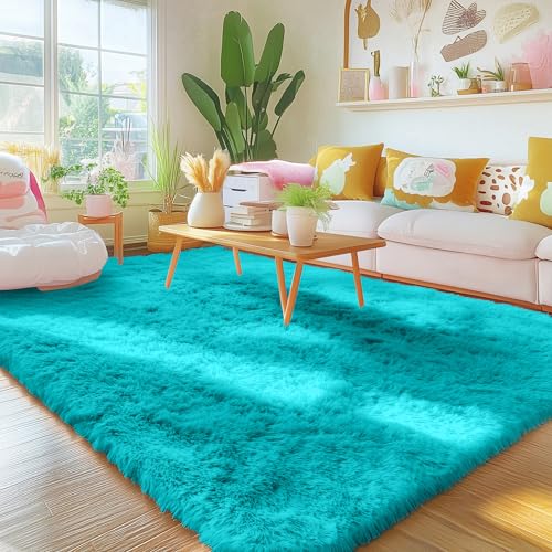 OLANLY Area Rugs for Living Room Bedroom, Machine Washable 4x5.9 ft Soft Fluffy Shaggy Bedside Rug, Indoor Floor Carpet for Kids Girls and Boys, Dorms, Nursery Rooms, Home Decor Aesthetic, Teal Blue