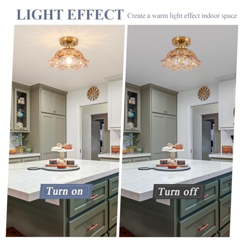 Image of Semi Flush Mount Ceiling Light,Vintage Lights Fixture Ceiling E26 Base,Amber Shade Glass Hallway Light Fixture for Porch Kitchen Bedroom, Bulb Included