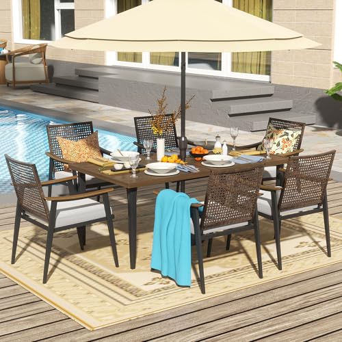Image of NATURAL EXPRESSIONS 7 Piece Patio Dining Set for 6 Outdoor Furniture Set, Rattan Wicker Chairs with Cushions and 65 inch Large Dining Table with 1.65'' Umbrella Hole for Patio, Garden, Porch, Pool, Beige