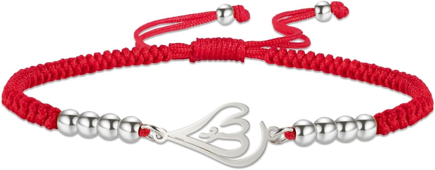 GYFGRTQ Islamic Adjustable String Bracelet for Muslim Women Men Handmade God Allah Charm Notched Arabic Calligraphy Jewelry Eid Ramadan Gift, Silver-Red String