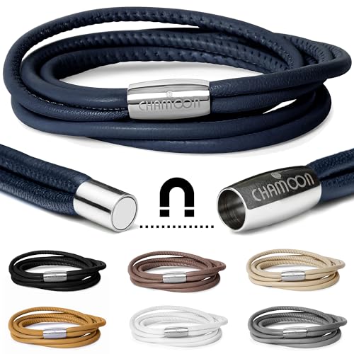 CHAMOON® Lederarmband Damen Dunkelblau - Armband Damen Leder Wickelarmband Damen Personalisiertes Armband Leder Damen, Charm Armband Frauen XL 43,00 cm