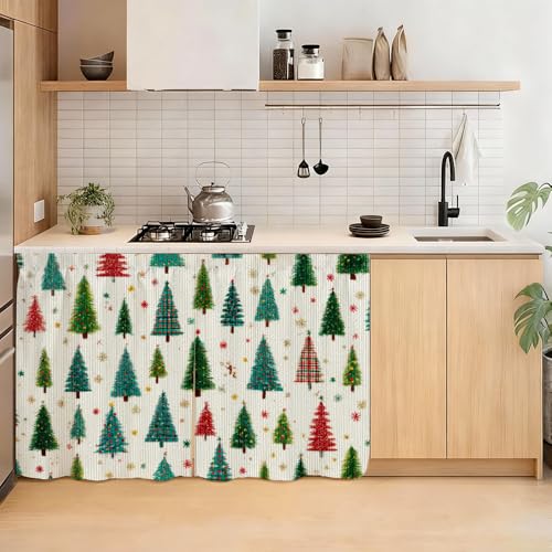 Image of Self Adhesive Evergreen Pine Tree Cabinet Curtain for Mother's Day, 39x28 Inch Forest Under Sink Skirt No Drill, Spring Cleaning Kitchen Decor, Hook and Loop Laundry Valance, Fabric Panel