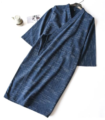 Woven Cotton Traditional Hanfu Midi-length Nightdress Tie-belt Bathrobe Loose Breathable Pajamas Comfortable Nightgown Sweat Steaming Yukata Sauna Suit Sleepwear Kimono for Men X-Large(Navy)3
