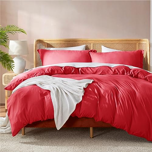 Nestl Red California King Duvet Cover Sets - Soft Double Brushed Cal King Duvet Cover, 3 Piece, with Button Closure, 1 Duvet Cover 104x98 inches and 2 Pillow Shams