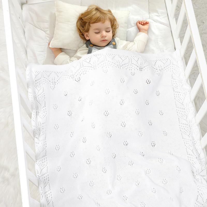 LAWKUL Cellular Blanket Baby 100% Cotton Knitted Soft Knit Crochet Blankets for Newborn Boy Girls Infants 100x80cm White - Image 2