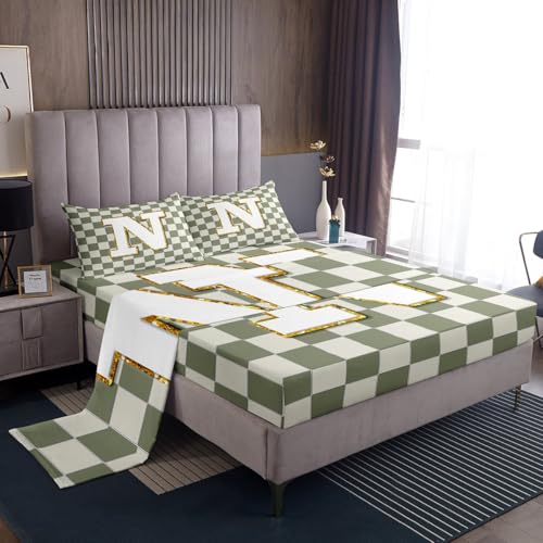 Image of Erosebridal Sage Green Checkered Bed Sheets Full Plaid Initial N Sheet Set Personalized Monogram Bedding Set for Kids Boys Girls,Fashion Grids Gingham Fitted Flat Sheets 4 Piece