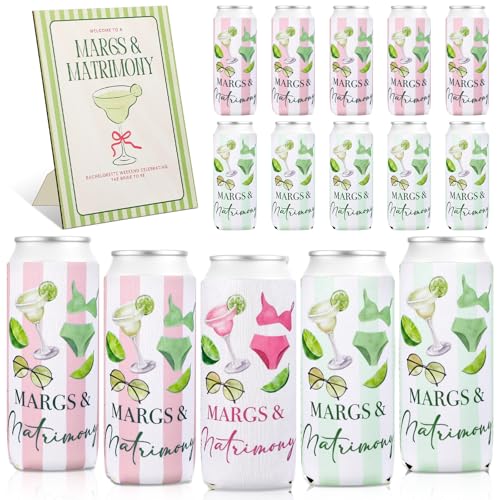 Chengu 16 Pcs Margs and Matrimony Bachelorette Party Can Coolers Set 15 Margarita Party Slim Can Sleeves 12 oz with 1 Welcome Sign Neoprene Beer Holder for Bachelorette Bridal Shower Wedding