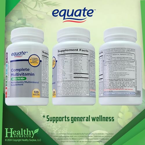Healthy Surplus Equate Complete Multivitamin Adults 50+ Supplement 125 Tablets and Vital Volumes Vitamins A to Zinc Tips Card | Bundle