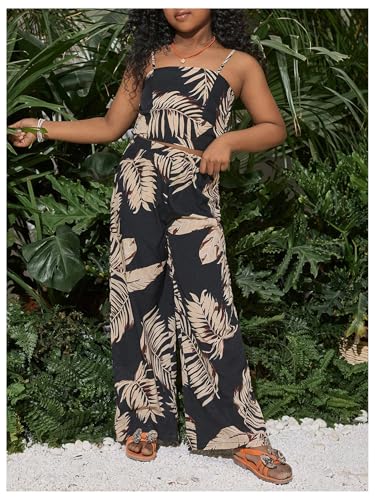 Image of Floerns Girl's 2 Piece Outfit Hawaiian Tropical Crop Cami Tops and Boho Pants Set