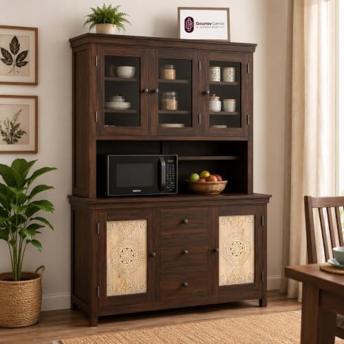 Gouravgenic handicraft Solid Sheesham Wood Kitchen Cabinet with Acrylic Glass Doors Hutch,Crockery Cabinet with Display Shelves,Handmade Wooden Storag