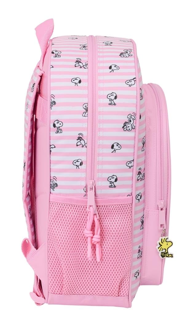 Safta | Mochila Escolar Junior Snoopy Adaptable a Carro, Ergonómica y Acolchada, Doble Tirador en Cremallera, Bolsillo Frontal Grande y Laterales Portabotellas, Rosa a Rayas, Medidas 32x12x38 cm