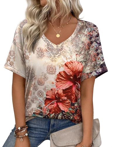 Zeagoo T-Shirt Femme Chic Blouse Col V Tops à Manches Courtes Hauts Décontracté Ete T Shirt Imprimé Tunique XXL