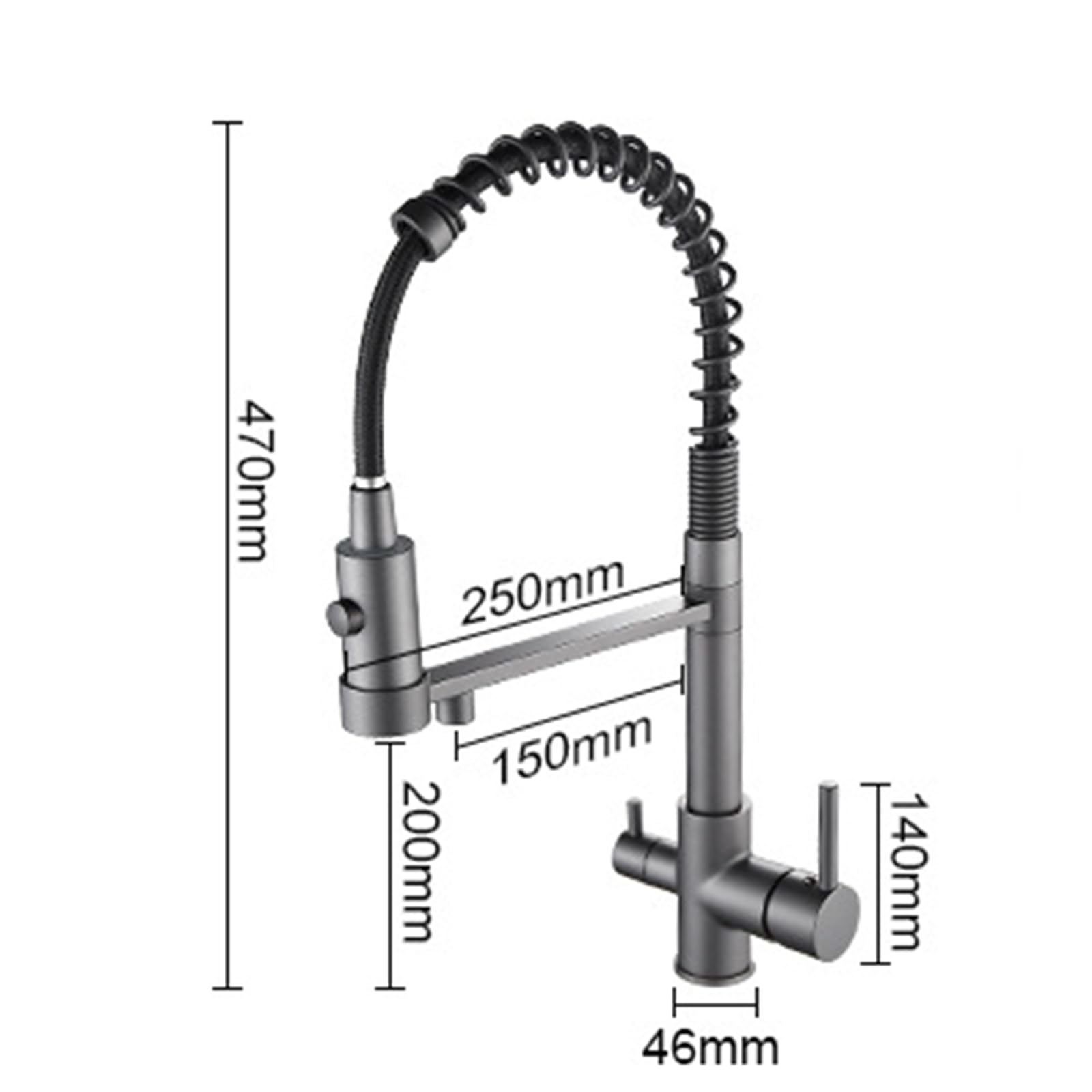 3-in-1-Küchenarmatur mit Zweihebelmischer, Grauer Ausziehfilter. Vielseitige 3-Wege-Küchenarmatur für einfache Wasserregulierung und effiziente Filtration.