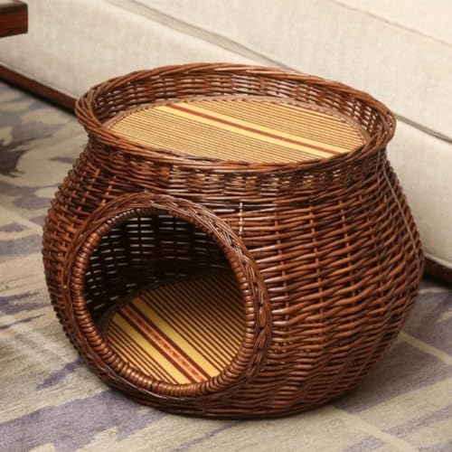 YWHT ラタン猫ベッド、夏の犬用ベッド、柳の家の別荘、通気性、クッション付き、オールシーズン対応、取り外し可能、洗える、猫や小型犬に適しています (コーヒーカラー + クールマット2枚,M (41×41×35cm))