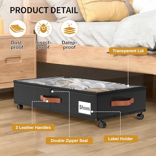 Image of Under Bed Storage Containers with Wheels Large Underbed Shoes Blankets Clothes Toy Storage Drawers for College Dorms Bedrooms Nursery Rooms Organization (Black 2 Pack, 6.6in height(30.3 inchx15.7 inchx6.6 inch))