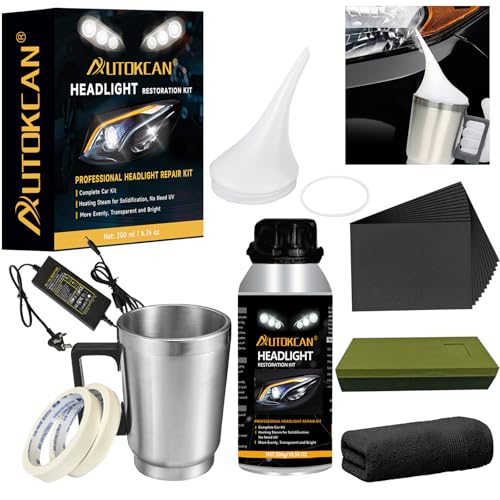 Headlamp Restoration Kit, 200ml Restoration Fluid for Car Headlight Cleaning Repairs Tool Headlight Polishing Kit Care Headlight Lens Repair Tool Atomizing Cup Abrasive Papers Removes Oxidation