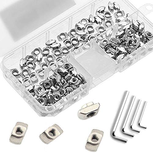 Anyasen 184 piezas 2020 Tuercas de Cabeza de Martillo Tuercas de T-ranura Tuercas de Acero de Carbono Recubiertas de aluminio europeo extrusiones delgado T-Nut hilo con 4 Llave y caja de almacenaje