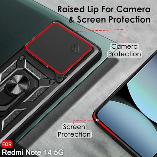 Image of TheGiftKart Tough Armor Bumper Back Cover Case for Mi Redmi Note 14 5G / Note 14 SE 5G | Rotating Camera Cover, Kickstand & Ring Holder | 360 Degree Protection Back Cover Case (PC & TPU, Black)