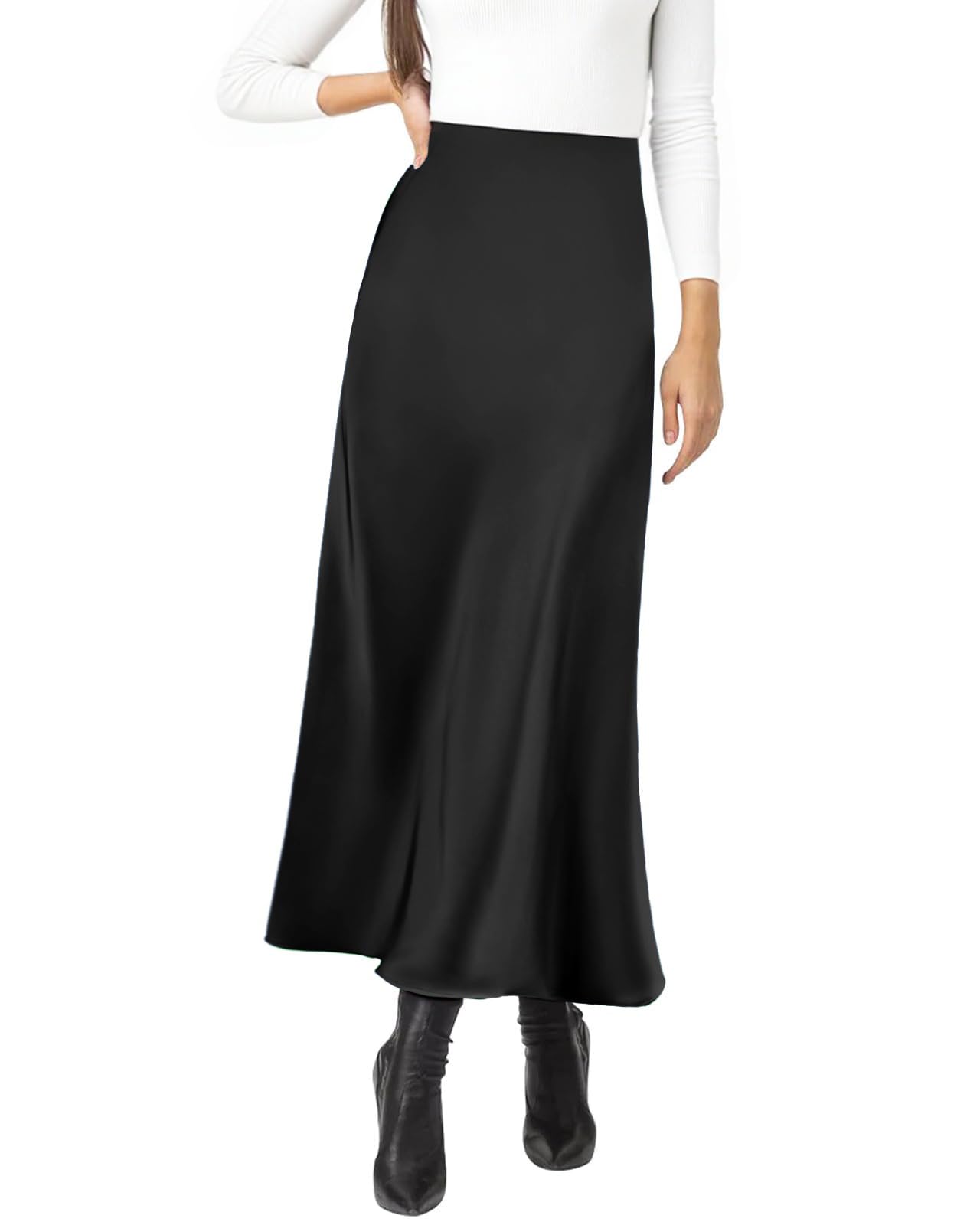 Womens Satin Silky High Waist Maxi Skirt Elegant Elastic Waistband A Line Long Skirts