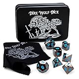Dire Wolf Dice Metal Polyhedral DND Dice Set (7 Black and Blue Game Dice Plus Custom Tin Case) D&D Set for Gift RPG Like Dungeons and Dragons and Pathfinder and MTG Games