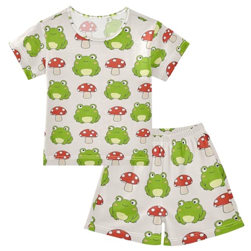 ALAZA Mushroom Frog Cartoon Pajamas Set Short Sleeve Cotton Sleepwear Summer Pjs 2 Piece 5-14Y