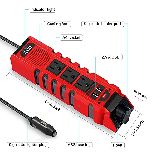 150W Car Power Inverter DC 12V to 110V AC Converter with 3 AC Outlets 2 Quick Charger 4.8A Dual USB Ports Cigarette Lighter Socket Charger Adapter