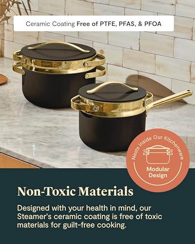 Image of Caraway Small & Large Steamer Set - Made with Handles - Non Stick, Non Toxic Coating - Steam Veggies, Seafood, and More - Compatible With Our Dutch Oven or Sauce Pan - 3qt & 6.5qt - Gold