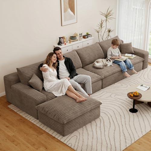 Image of 136 inch Cloud Couch Modular Sectional Sofa for Living Room, L-Shape Boneless Couch with Deep Seat, Modern Corduroy 6-Seater with Ottoman, No Assembly Required,Camel