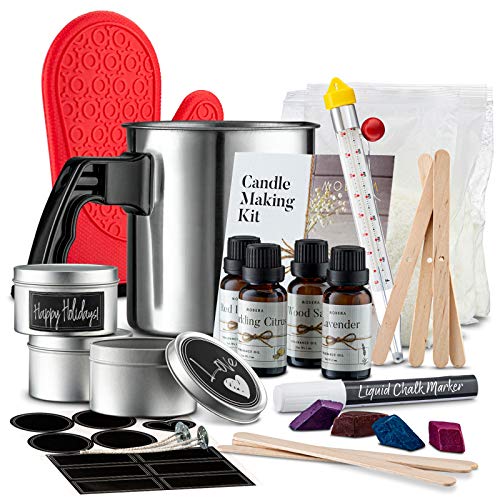 Modera Candle Making Kit | DIY Spa Candle Craft Set w/Supplies to Make [4] Stunning Soy Candles | Includes 8oz Tins, Wicks, Clips, Pouring Pitcher, Thermometer, Oil Fragrances, Color Dye Chips & More