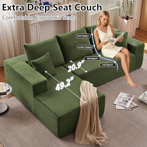 Image of 107 inch Cloud Sectional Couch with L-Shape Chaise, Modern Modular Comfy Sofa with Deep Seat, Upholstered Corduroy Couches Sleeper Chaise Longue for Living Room Bedroom, No Assembly Required, Green