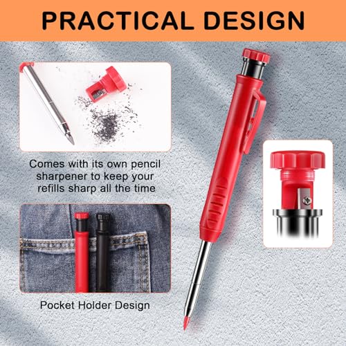 Zimmermannsbleistifte 2 Stück Tieflochmarker Bleistift mit Eingebauter Spitzer, Tischler Bleistift Set mit 2 Hartmetall Anreißwerkzeug und 26 Bleistiftsminen, Baustellen Bleistift für Holzbearbeitung