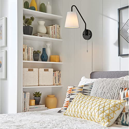 Image of PASSICA DECOR Hardwired Wall Sconces Set of Two 2 Pack with Pull Chain ON Off Matte Black Swing Arm Lighting Modern Vintage Lamp Industrial White Fabric Wall Light for Bedroom Farmhouse Living Room