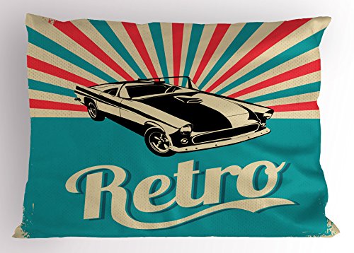 Ambesonne Cars Pillow Sham, Classical American Car on Retro Striped Backdrop with Grunge Display, Decorative Standard King Size Printed Pillowcase, 36