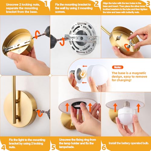 Image of MATAMEYE Battery Operated Wall Sconce Set of 2, Gold Wall Light Fixture