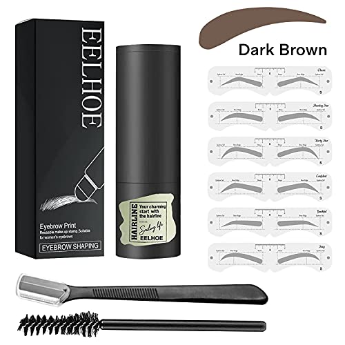 One Step Eyebrow Stamp Kit - Professional Eyebrow Powder Stamp Makeup with 6 Pairs Reusable Eyebrow Stencils, Brush & Trimmer, Long Lasting Buildable Eyebrow Makeup (Dark Brown II)