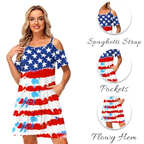 Image of Deerose Womens 4th of July Dresses Cold Shoulder American Flag Tie Dye A-Line Dress with Pockets
