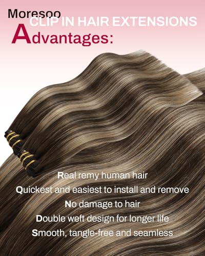 Image of Moresoo Clip in Hair Extensions Brown Balayage Human Hair 22 inch 120g | Human hair clip in extensions, caramel brunette balayage, 7pcs, double weft, smooth straight styling for full-length blend