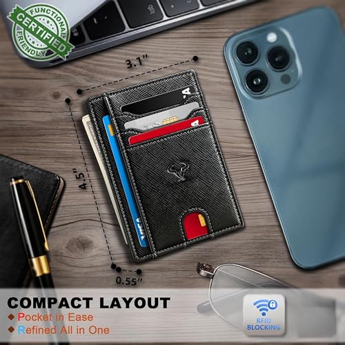 Image of Contacts Genuine Leather Slim Wallet | RFID Blocking Skinny Minimal Thin Front Pocket Wallet Sleeve Card Holder for Men | Up to 7 Card Slots Including 1 ID Window (Saffiano Black)